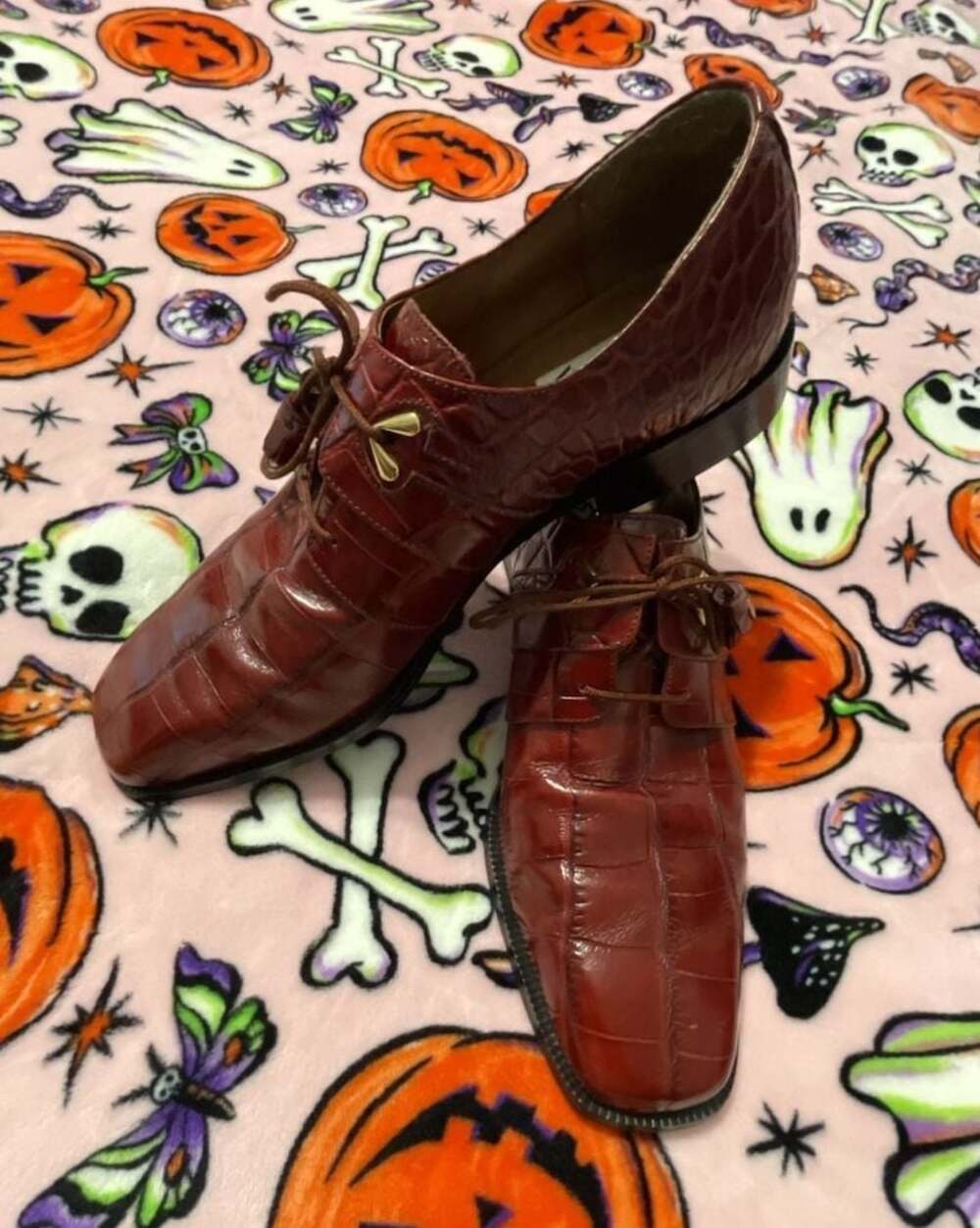 Marco Vicci Dandy Rockabilly Men's Dark Red Brown Croc-Embossed Lace-Up Shoes 10